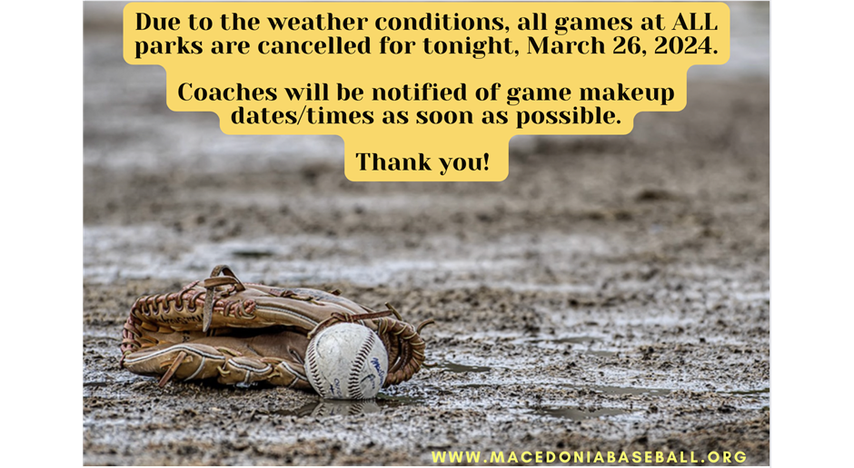 All games at all parks cancelled for tonight, March 26, 2024.